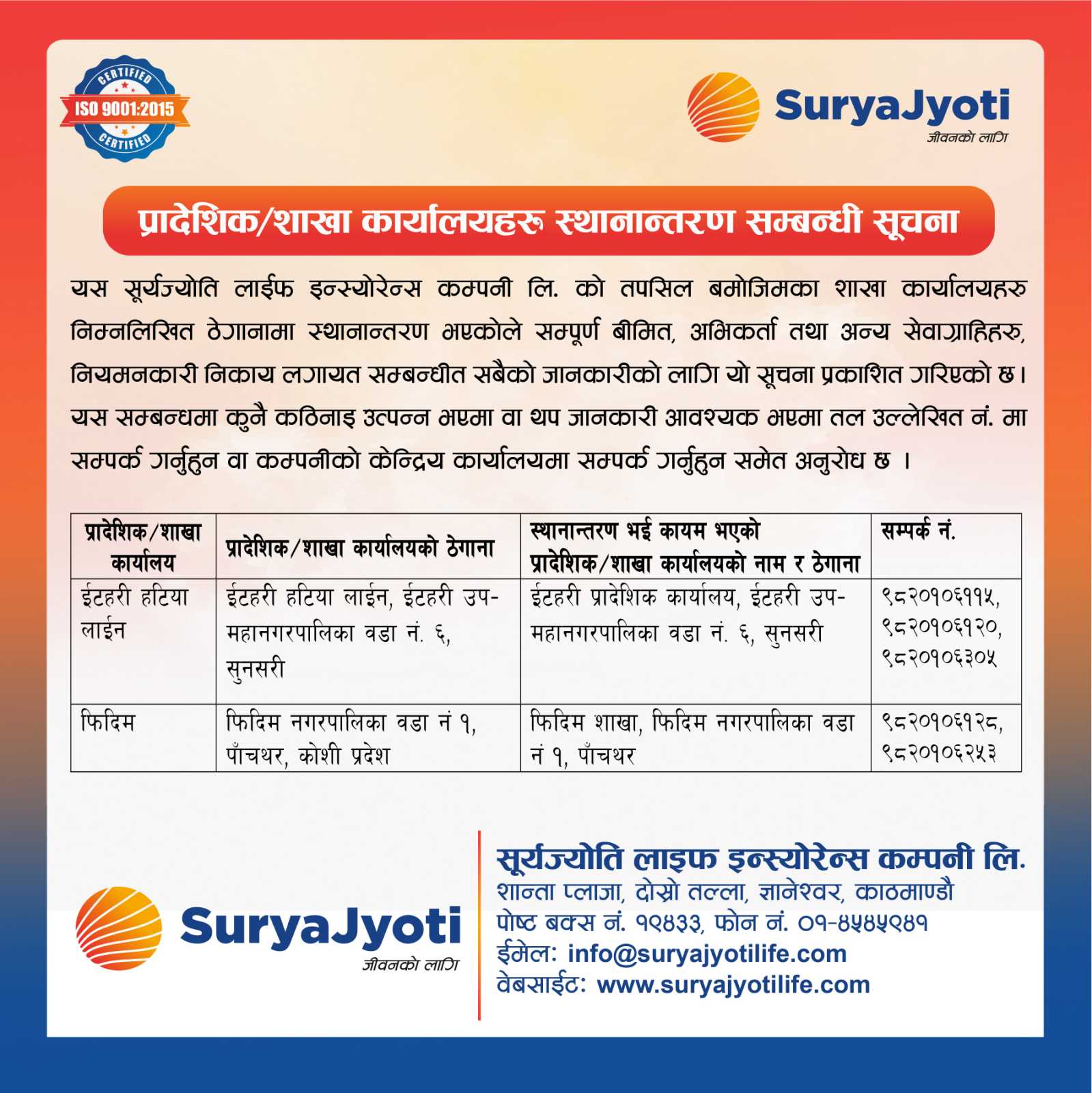Image of Surya Jyoti Life Insurance's Notice titled Branch Shifting Notice