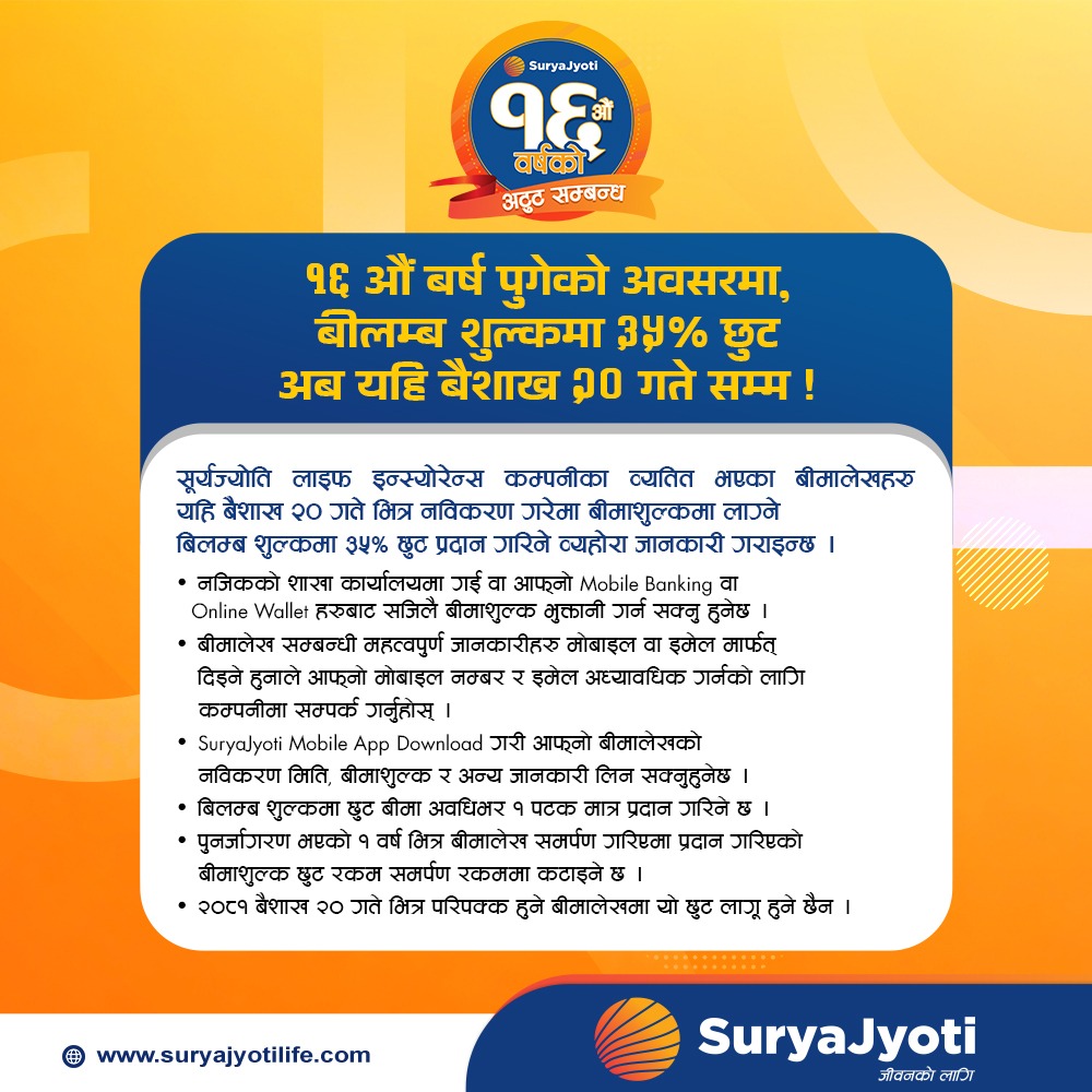 Image of Surya Jyoti Life Insurance's Notice titled 35% interest waived on the occasion of 16th anniversary