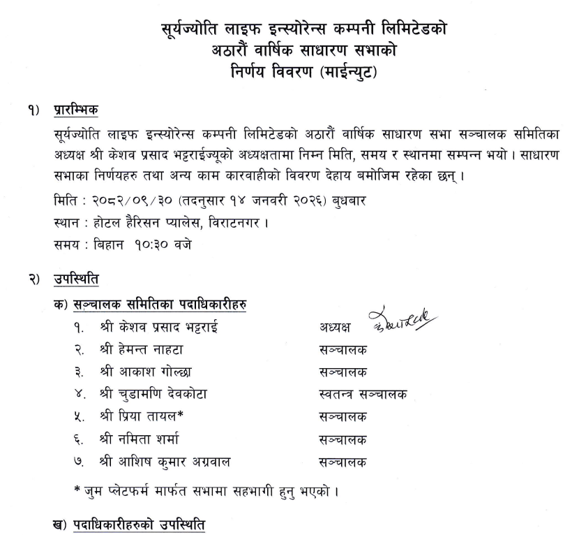 Image of Surya Jyoti Life Insurance's Notice titled 18th AGM Minute