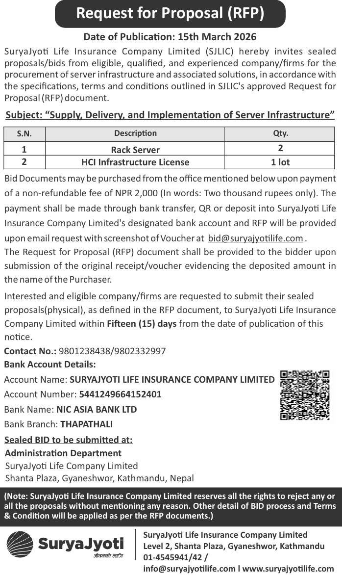Image of Surya Jyoti Life Insurance's Notice titled Request for Proposal 1st time published