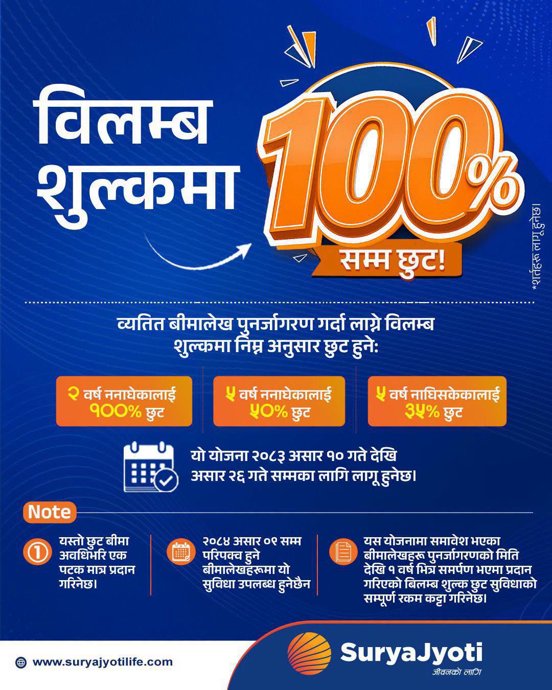 Image of Surya Jyoti Life Insurance's Notice titled Late Fee Waive from 10th Ashadh to 26th Ashadh 2083